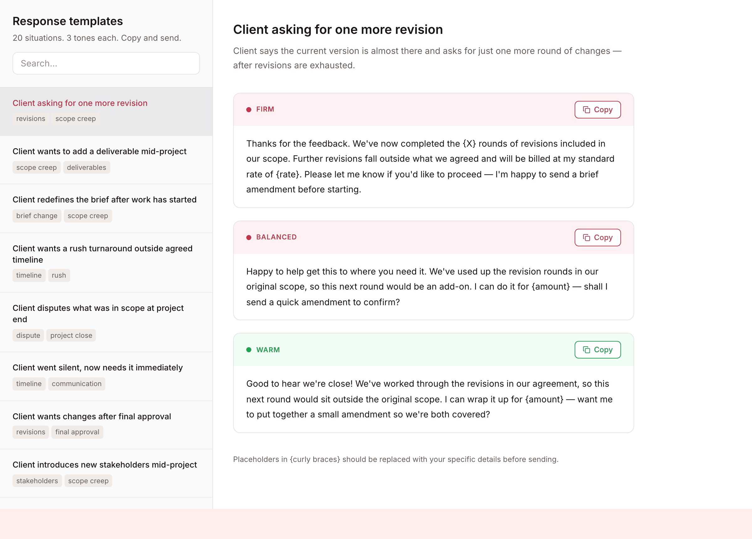 The response templates library: a list of 20 situations on the left, and the firm, balanced, and warm response variants with copy buttons on the right.