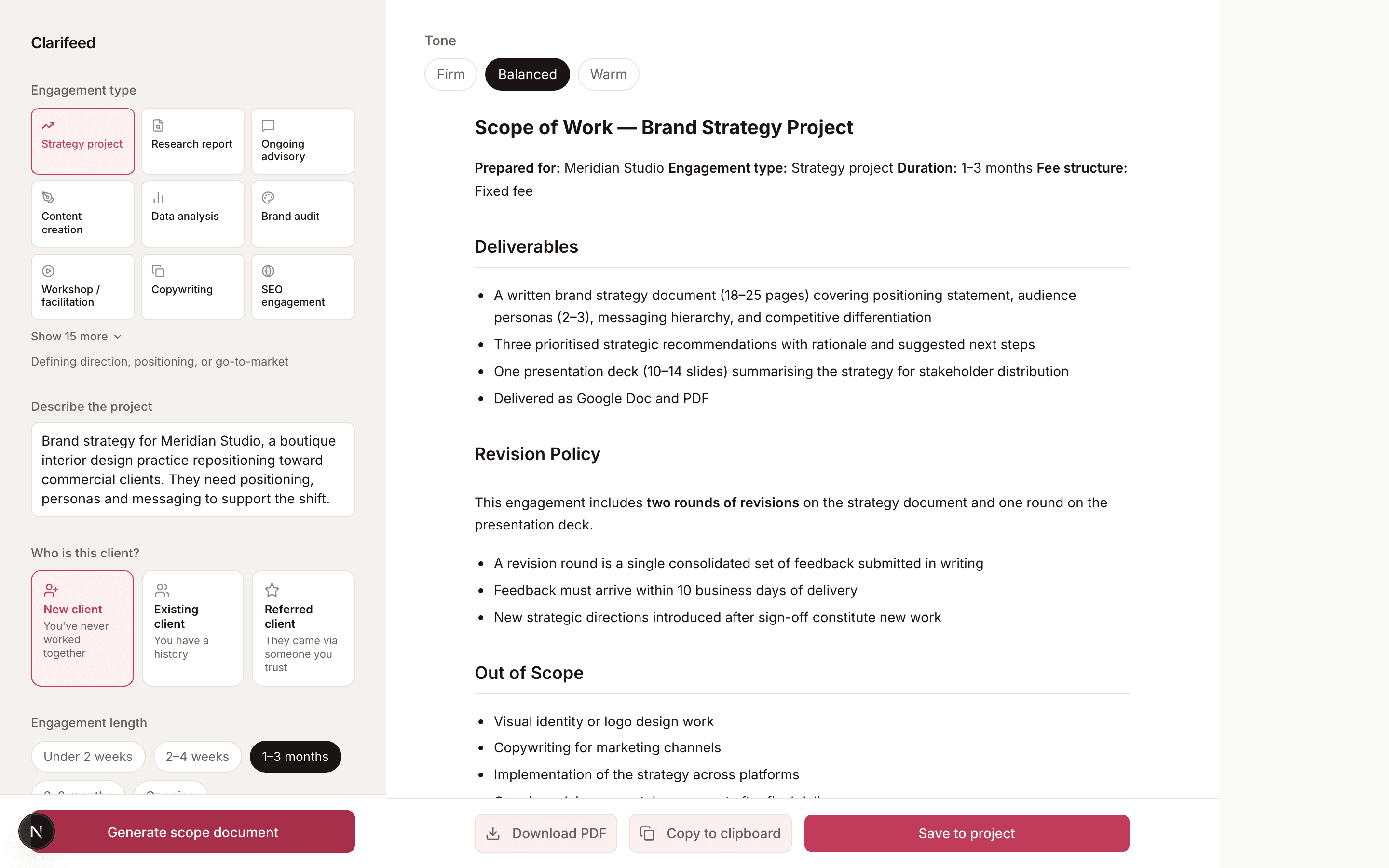 The Clarifeed generator: project inputs on the left, a fully generated scope document with deliverables, revision policy, and out-of-scope sections on the right.