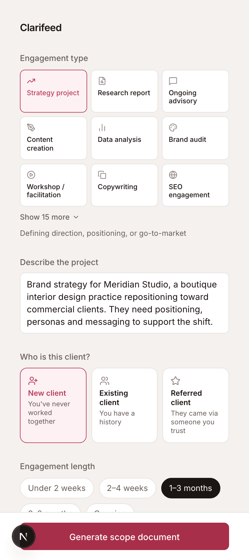 The generator input panel with engagement type tiles, project description, and client type selection.