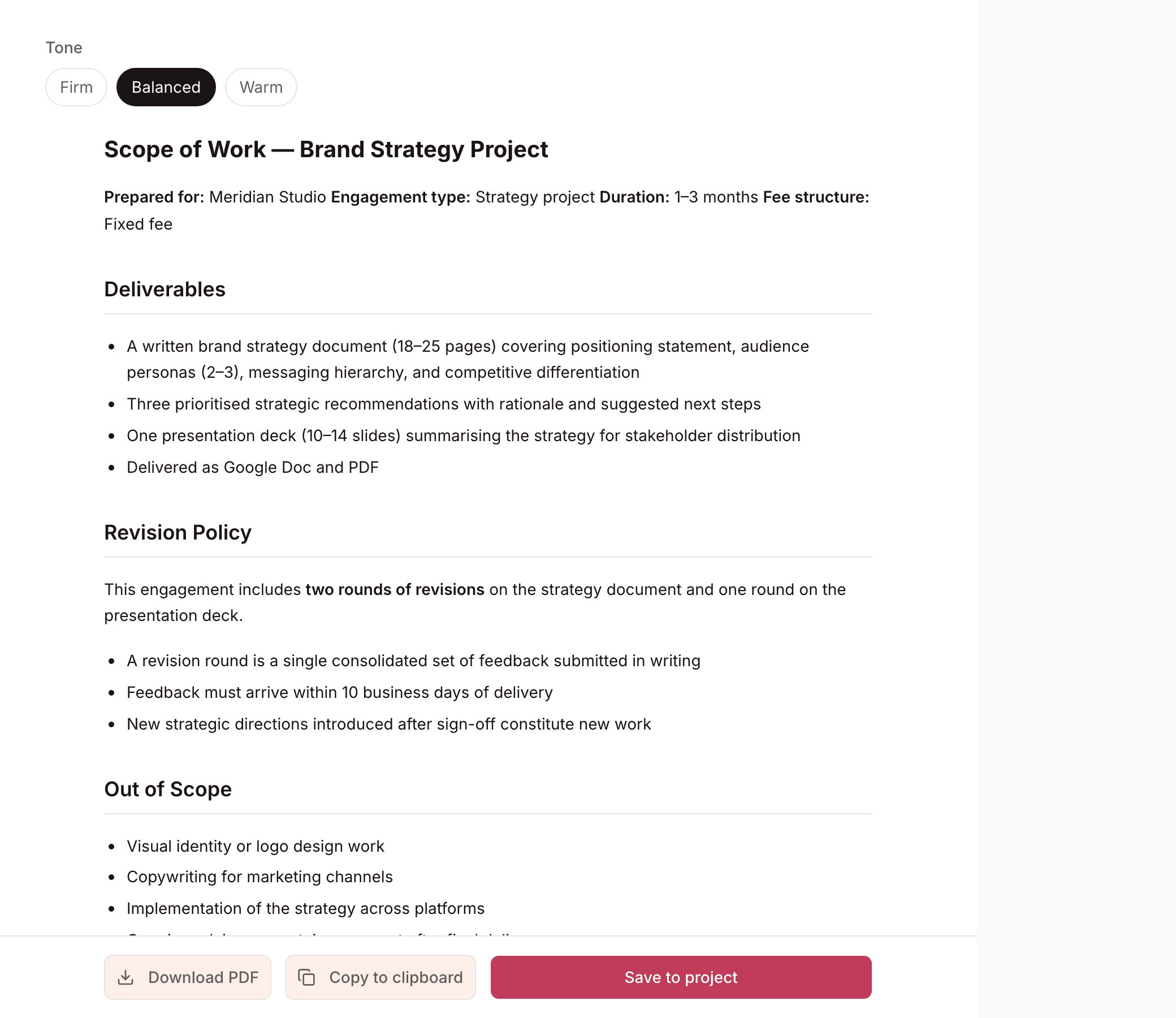 A generated scope document with deliverables, revision policy, and out-of-scope sections.